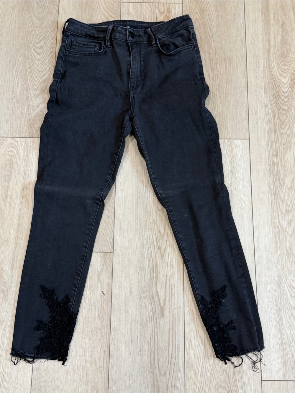 The Stiletto High Rise Skinny Ankle Jeans Black Lace Hem Size 29